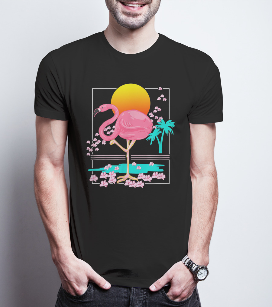 Flamingo Tropical Flowers And Sunset Scene T-Shirt