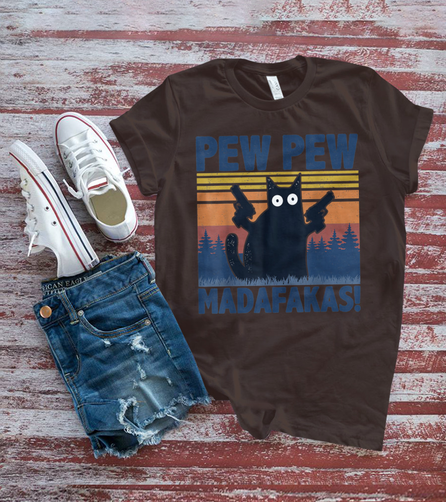 Pew Pew Madafakas Funny Vintage Cat With Guns Retro Forest Background T-Shirt