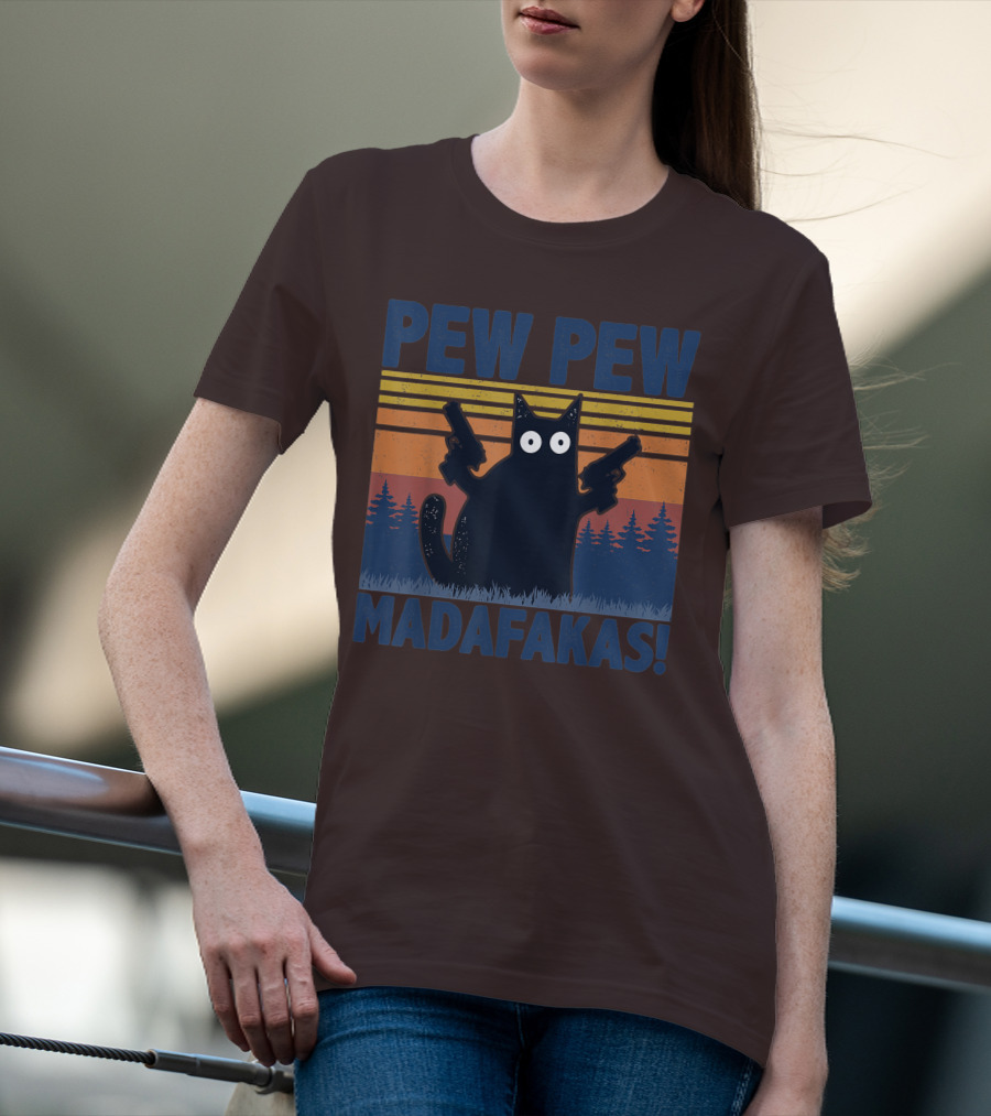 Pew Pew Madafakas Funny Vintage Cat With Guns Retro Forest Background T-Shirt