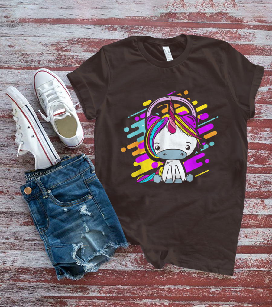 Cute Rainbow Unicorn Headphones Music T-Shirt