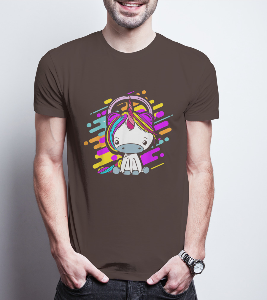 Cute Rainbow Unicorn Headphones Music T-Shirt