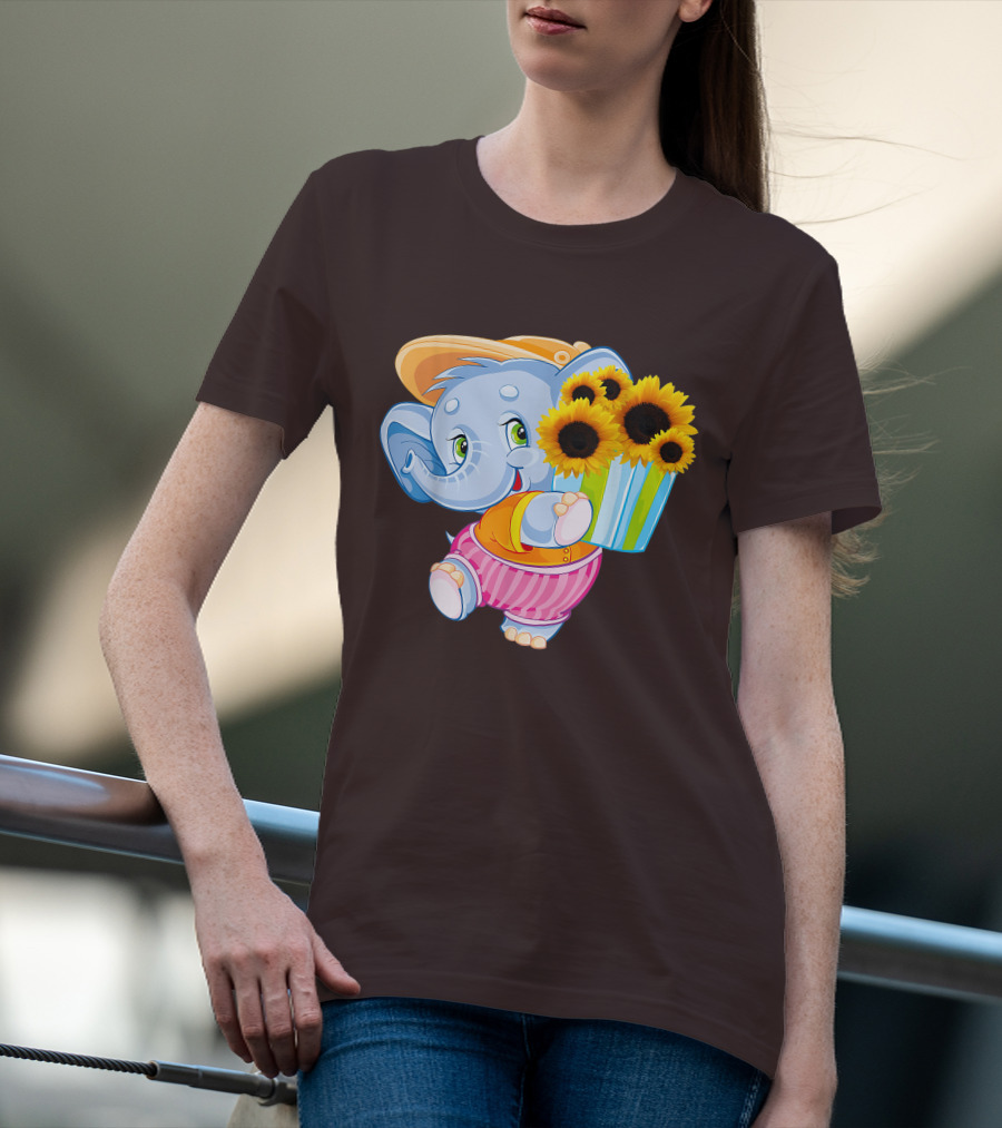 Cute Baby Elephant With Sunflowers And Pink Striped Shorts T-Shirt