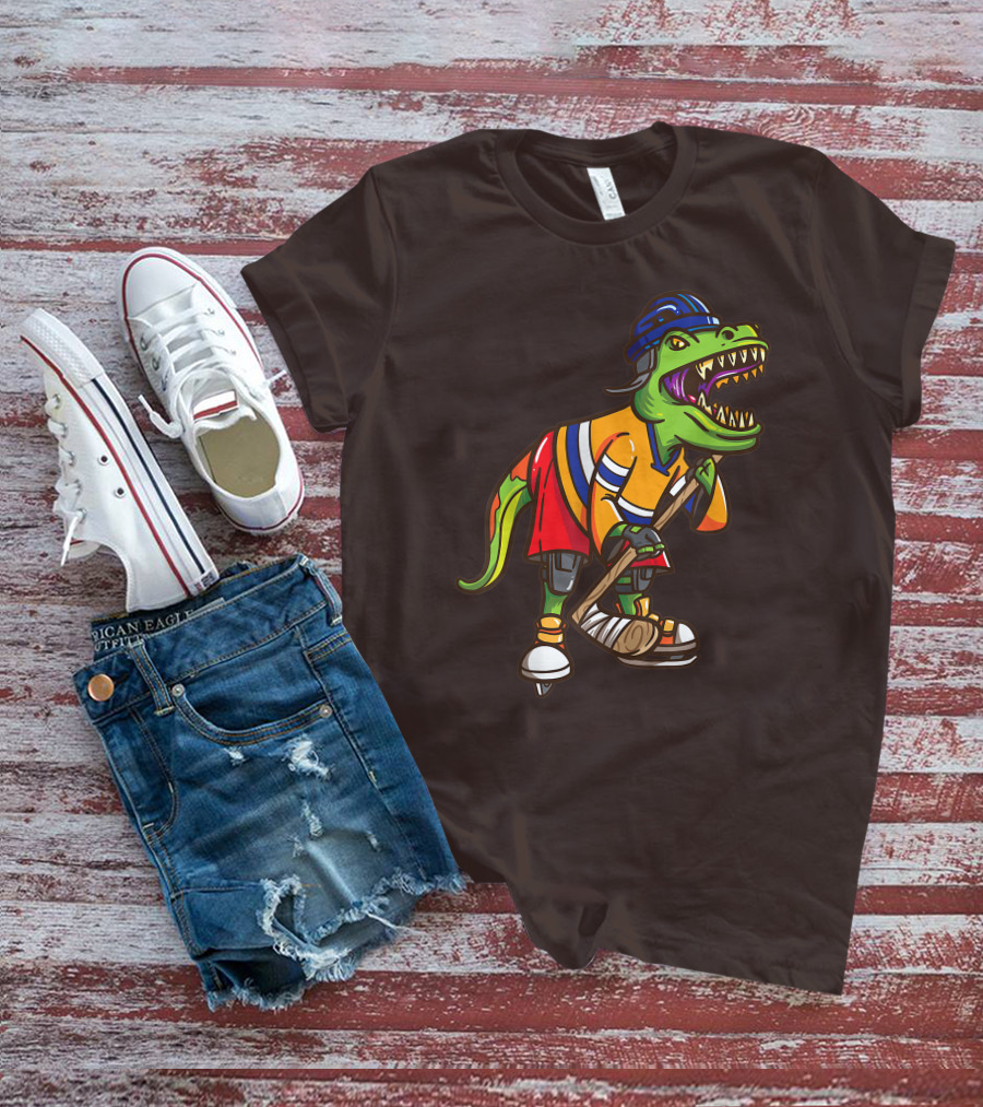 Roller Skates Hockey Dinosaur In Uniform With Stick And Helmet T-Shirt