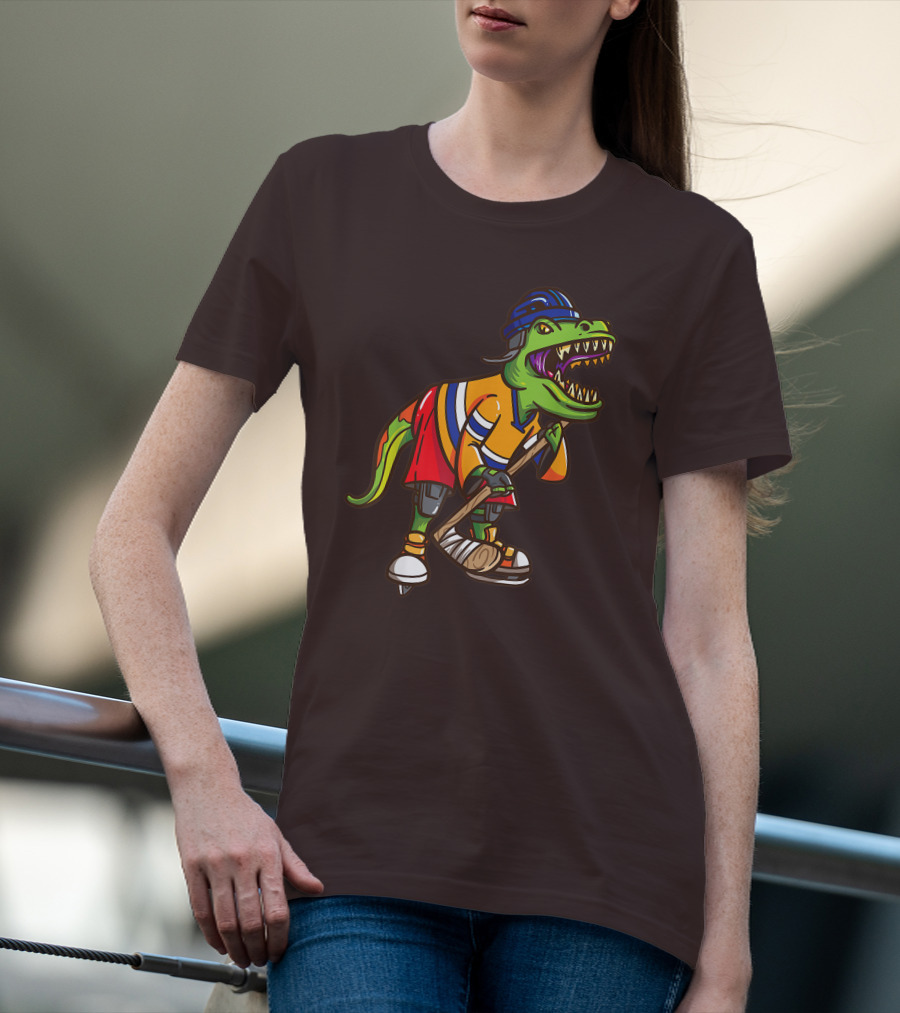 Roller Skates Hockey Dinosaur In Uniform With Stick And Helmet T-Shirt