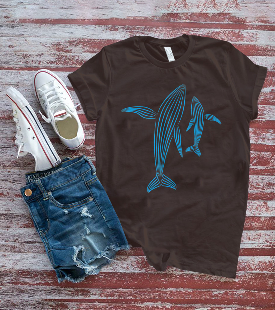 Save The Whales Blue Line Art Humpback Whale Pair Awareness T-Shirt