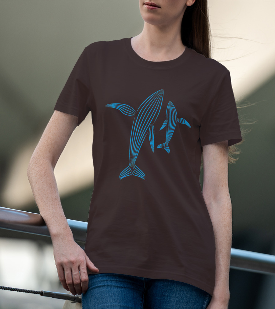 Save The Whales Blue Line Art Humpback Whale Pair Awareness T-Shirt