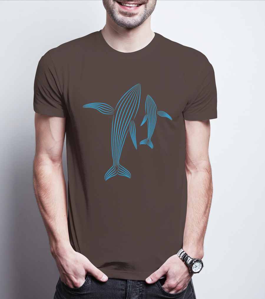Save The Whales Blue Line Art Humpback Whale Pair Awareness T-Shirt