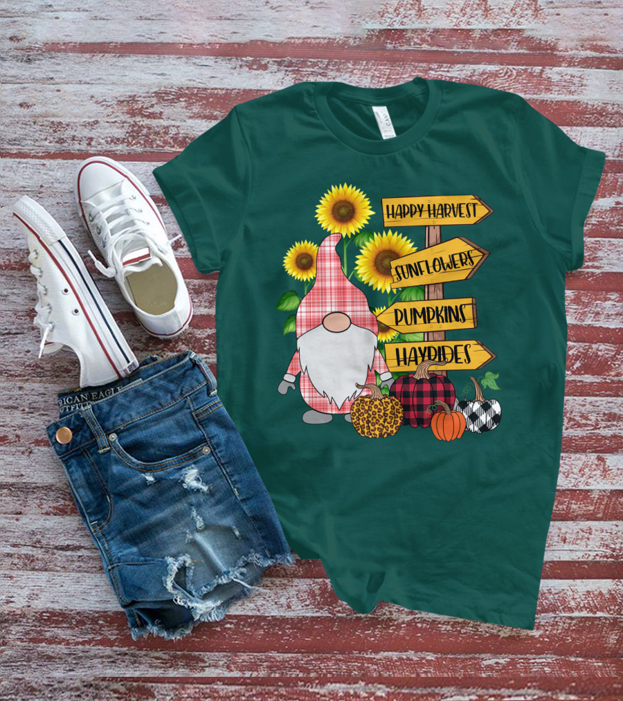 Happy Harvest Sunflowers Pumpkins Hayrides Gnome T-Shirt