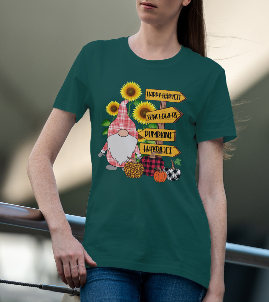 Happy Harvest Sunflowers Pumpkins Hayrides Gnome T-Shirt