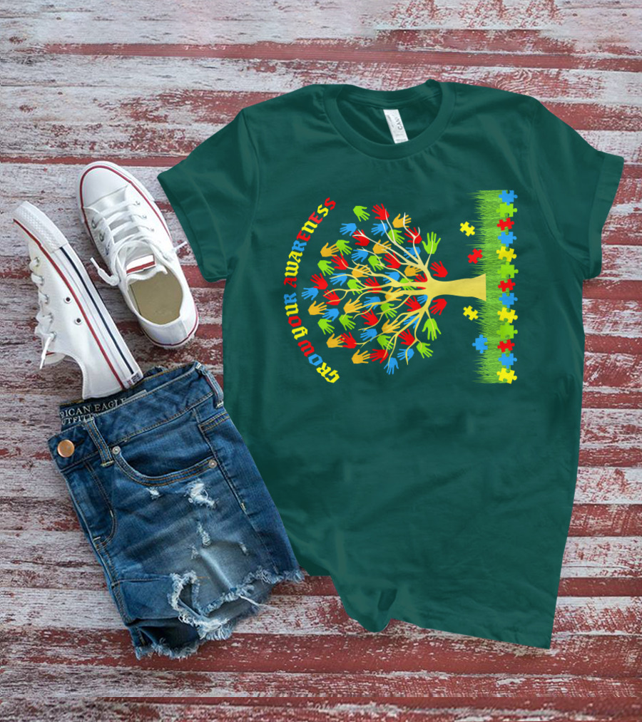 Grow Your Awareness Tree Of Colored Hands And Puzzle Pieces T-Shirt