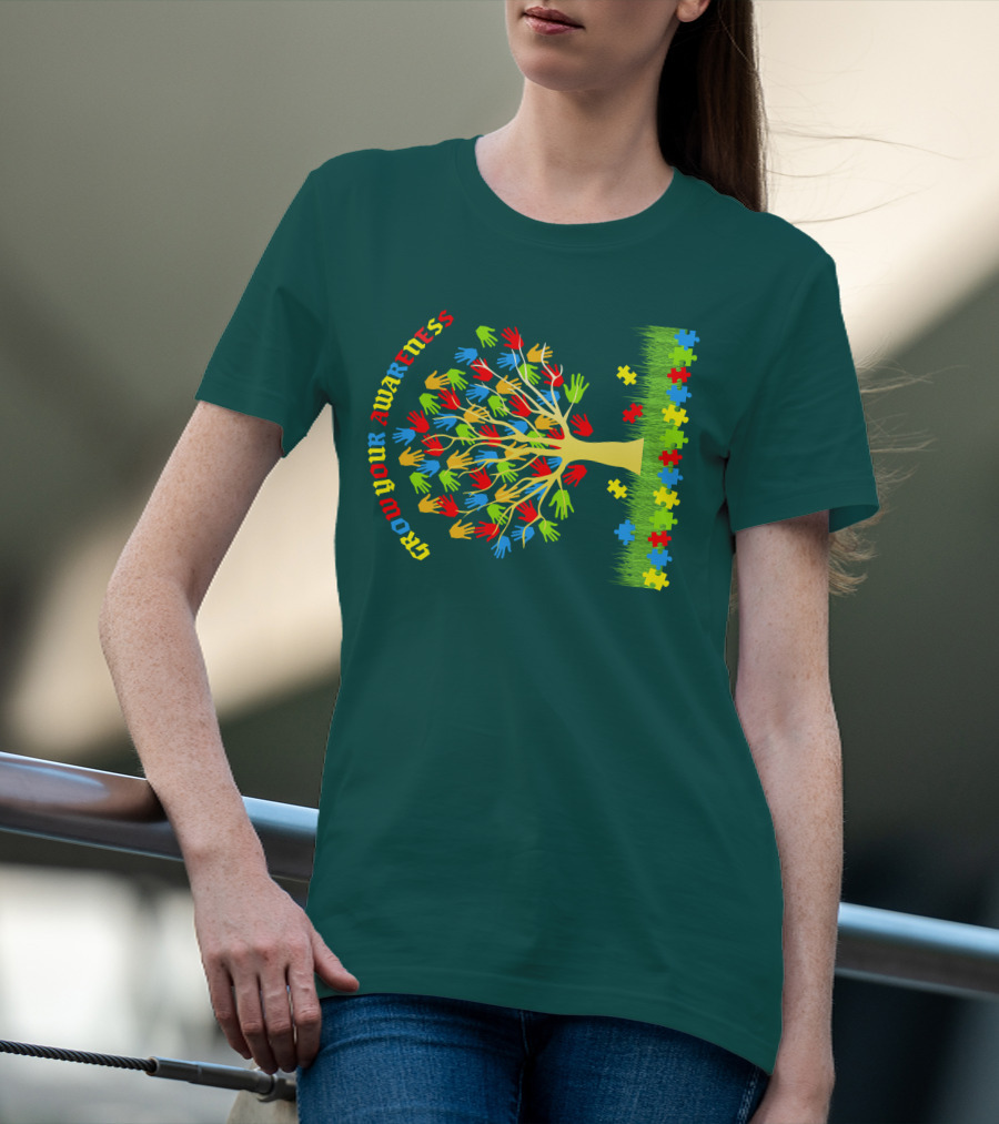 Grow Your Awareness Tree Of Colored Hands And Puzzle Pieces T-Shirt