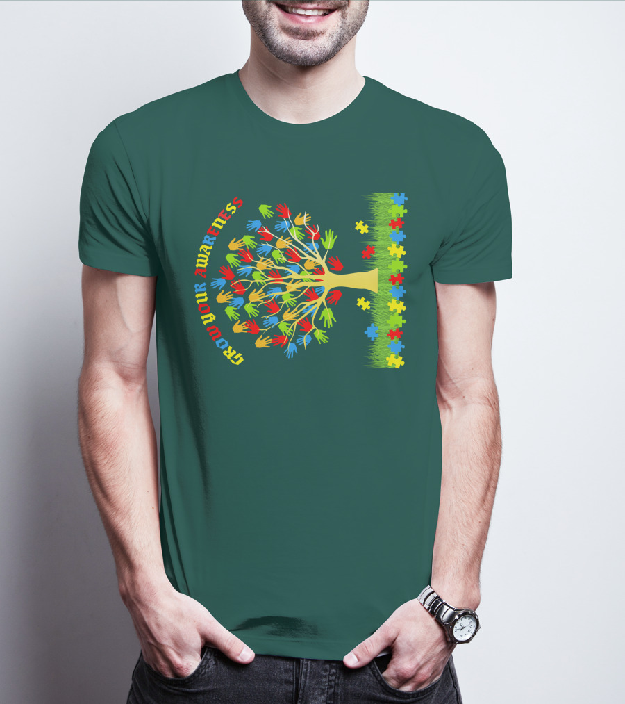 Grow Your Awareness Tree Of Colored Hands And Puzzle Pieces T-Shirt