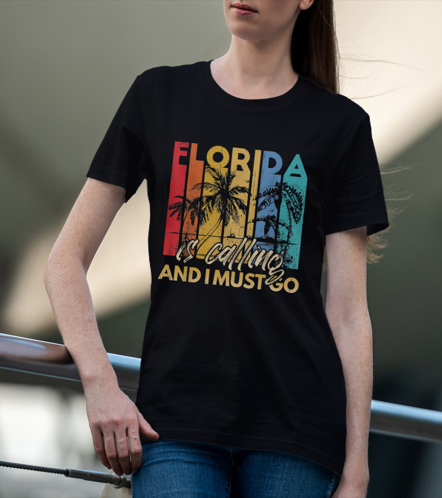 Florida Is Calling And I Must Go Beach Vacation Summer Retro Palm Trees T-Shirt