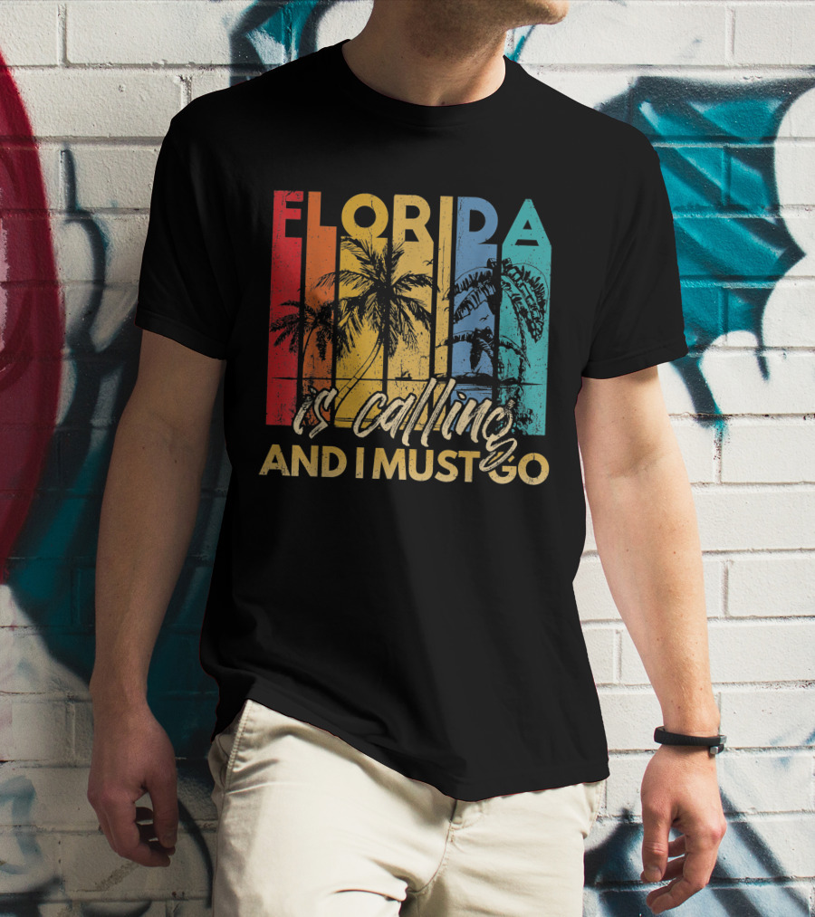 Florida Is Calling And I Must Go Beach Vacation Summer Retro Palm Trees T-Shirt