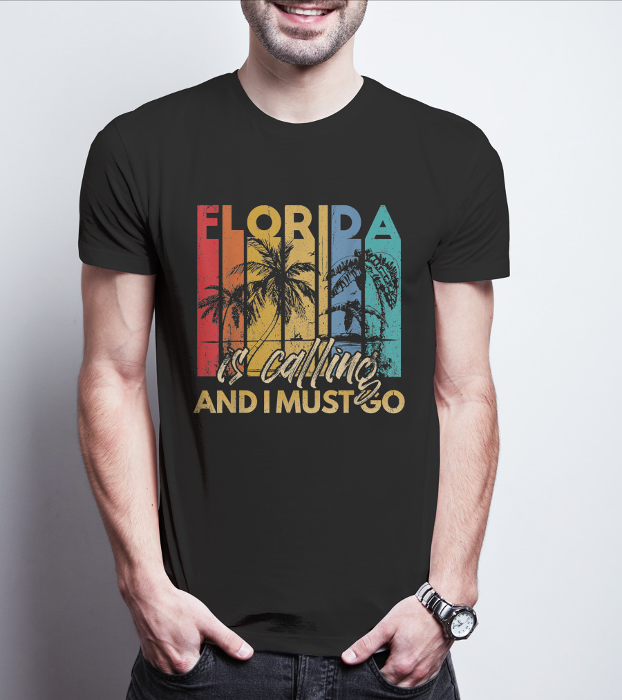 Florida Is Calling And I Must Go Beach Vacation Summer Retro Palm Trees T-Shirt