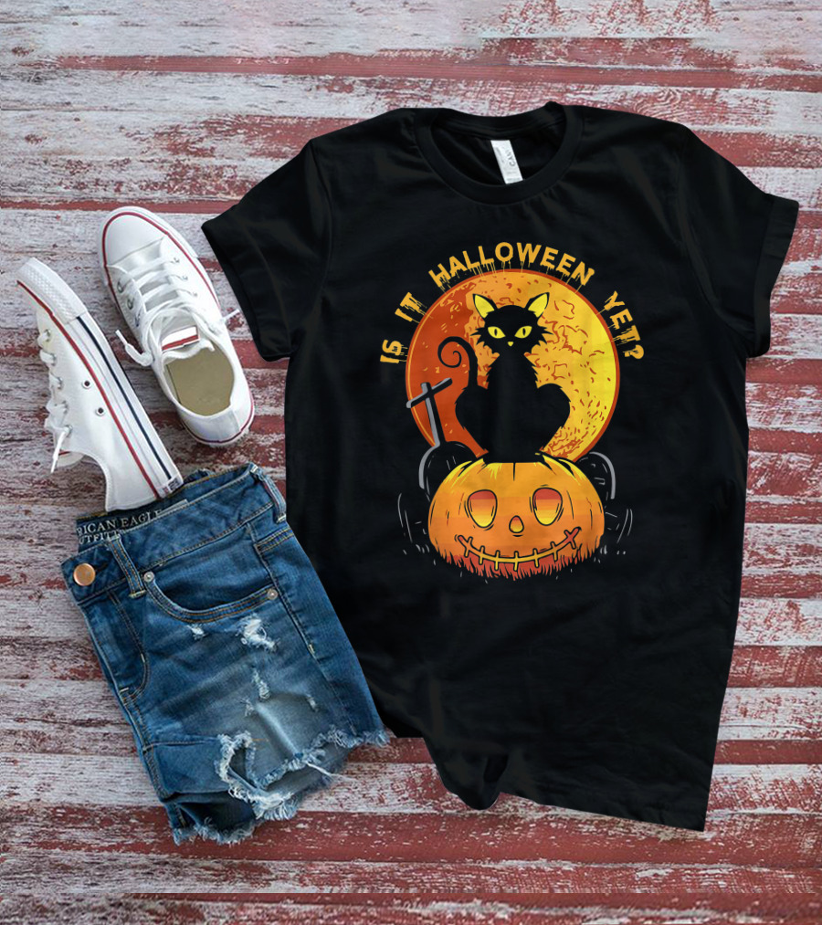 Is It Halloween Yet Funny Cat Pumpkin With Full Moon And Witch's Broom T-Shirt