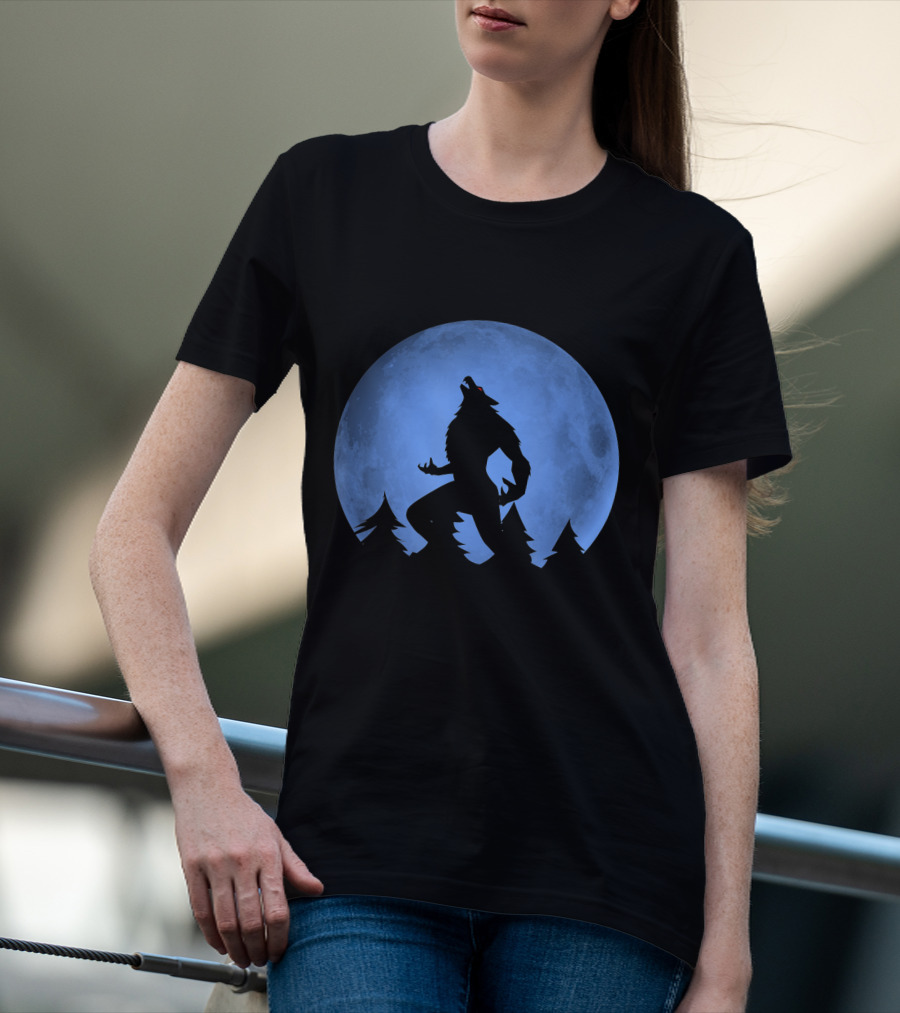 Werewolf Silhouette Howling At Full Blue Moon With Forest Background T-Shirt
