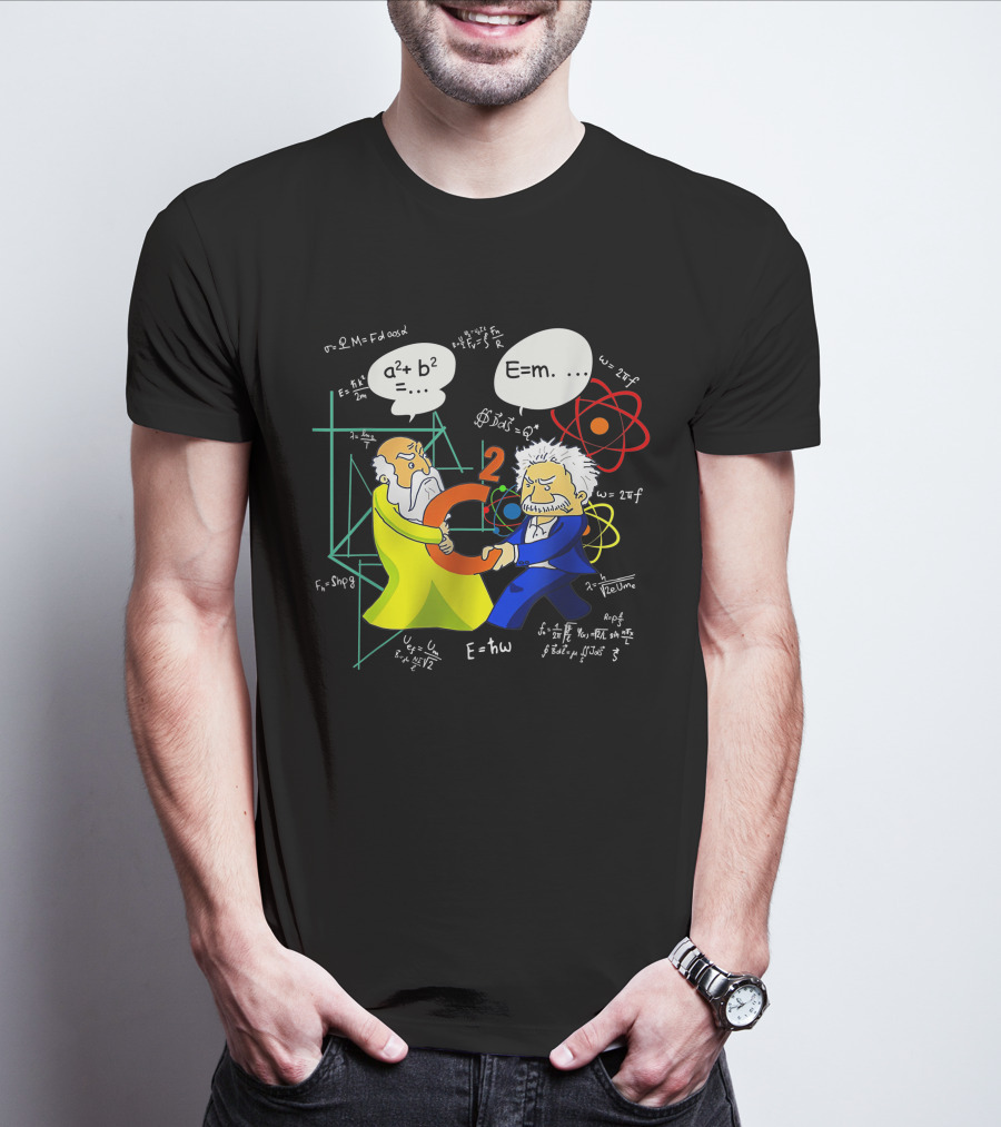 Pythagoras Einstein Battle Funny Science Equations Showdown T-Shirt