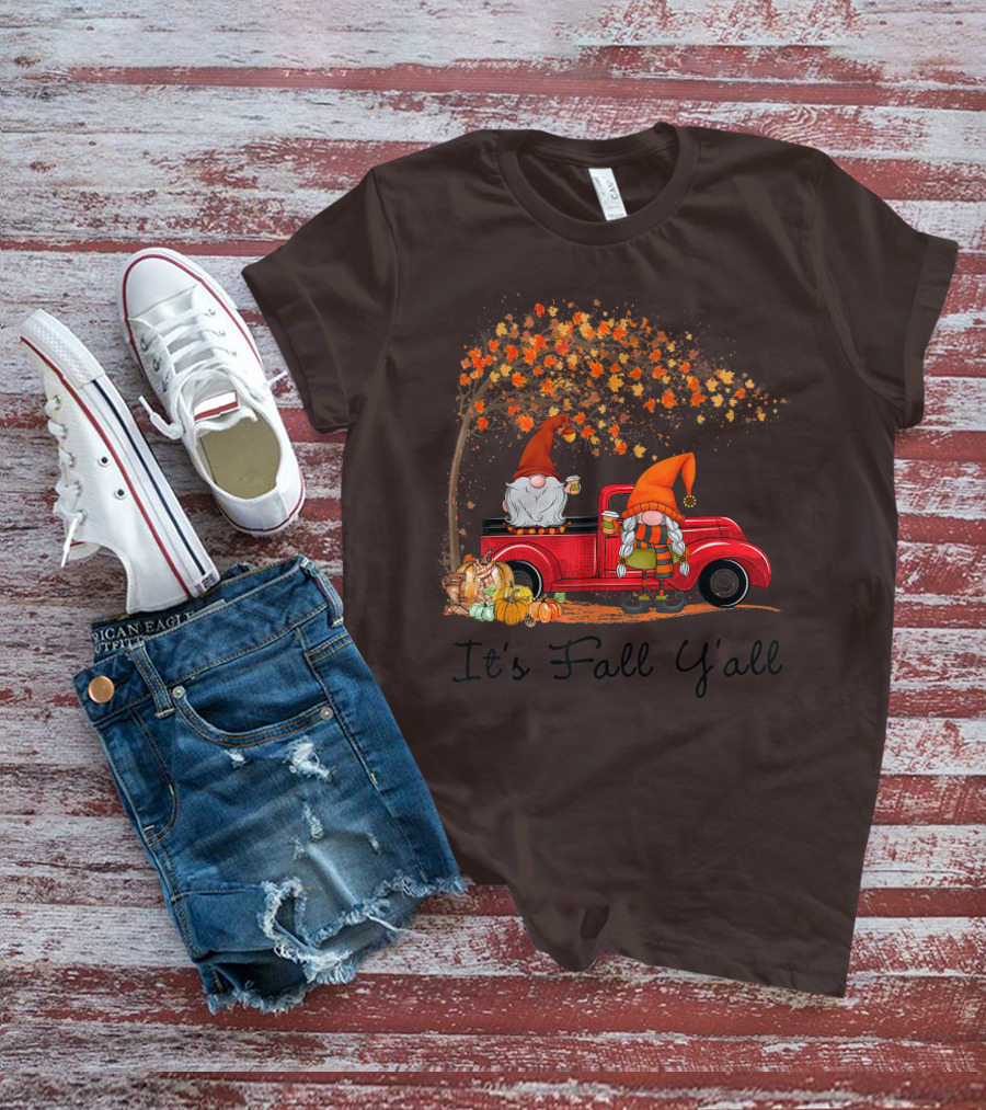 It's Fall Y'all Cute Gnomes Pumpkin Autumn Tree Fall Leaves Red Truck T-Shirt