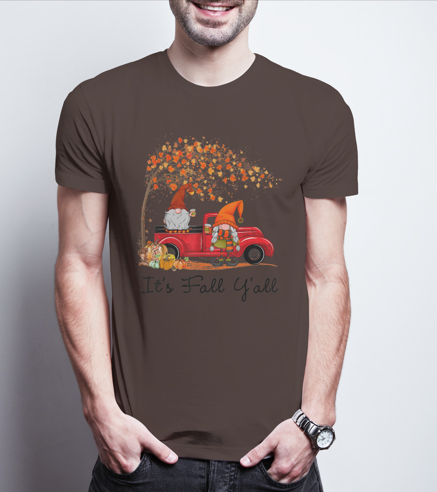 It's Fall Y'all Cute Gnomes Pumpkin Autumn Tree Fall Leaves Red Truck T-Shirt