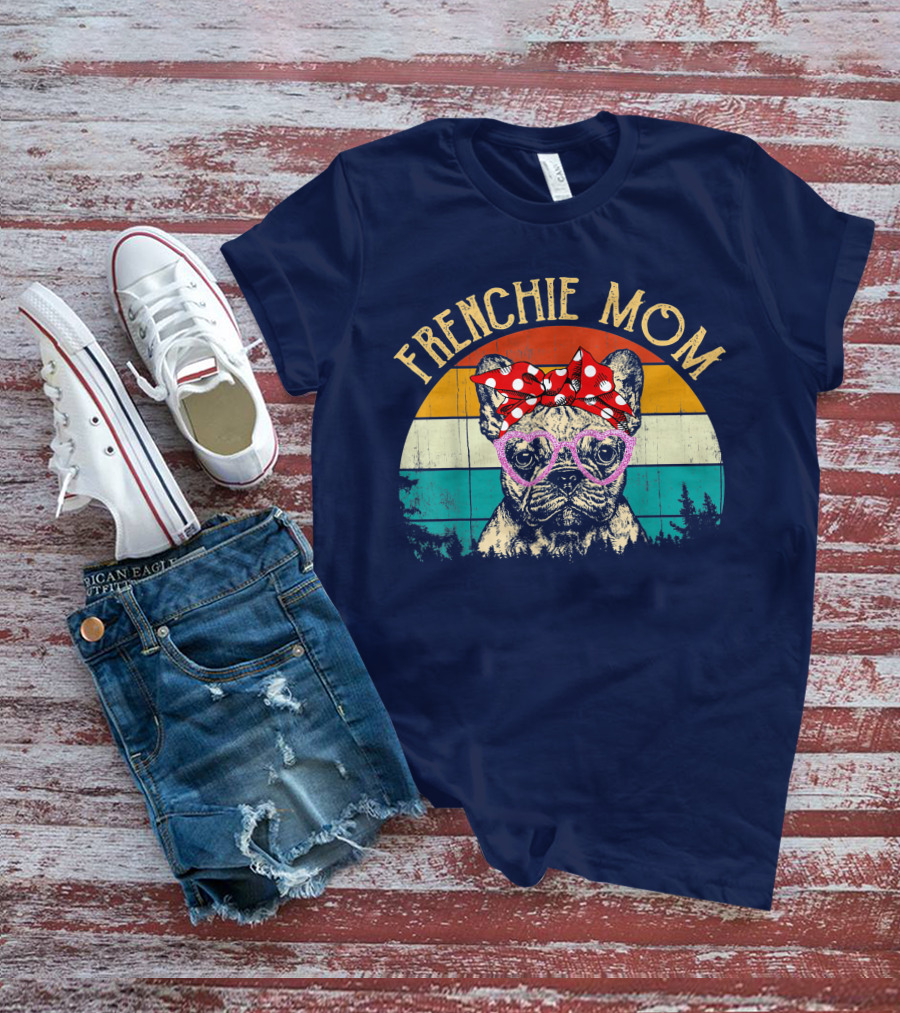 Frenchie Mom Retro Sunset Heart Glasses Bow T-Shirt