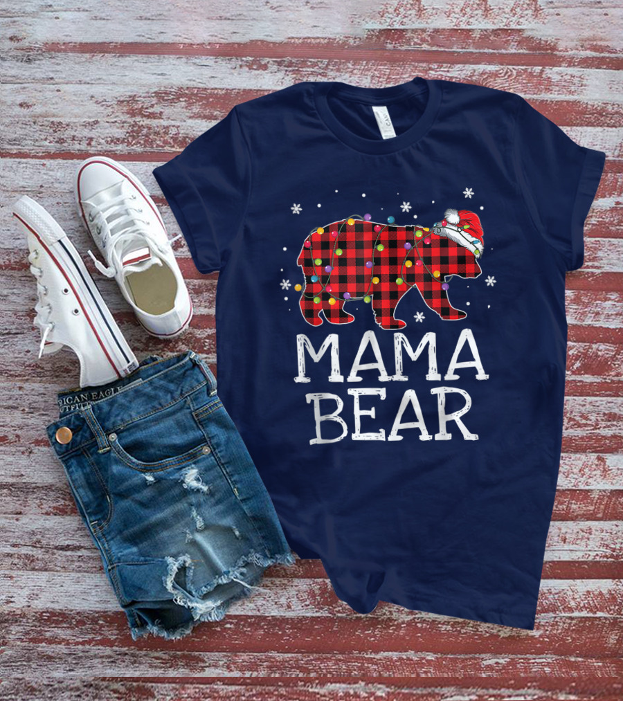 Mama Bear Red Plaid Christmas Lights Santa Hat Snowflakes T-Shirt