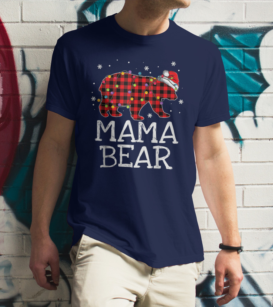 Mama Bear Red Plaid Christmas Lights Santa Hat Snowflakes T-Shirt