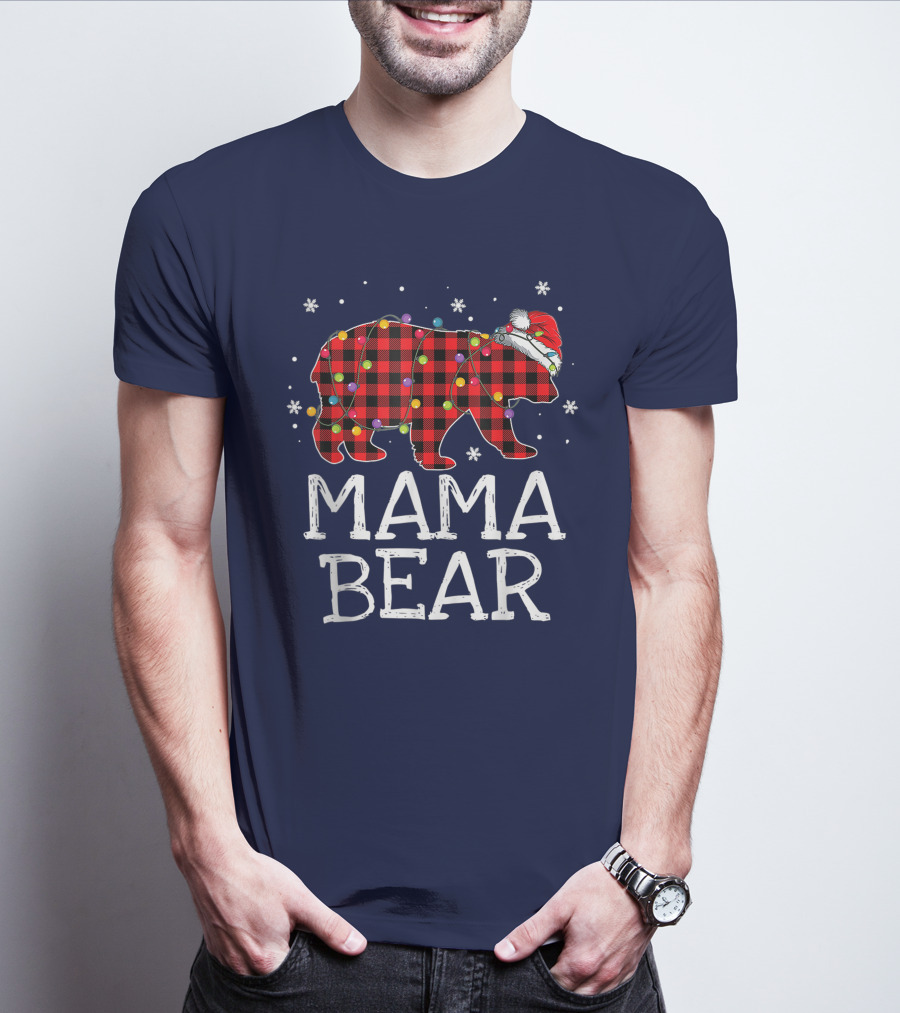 Mama Bear Red Plaid Christmas Lights Santa Hat Snowflakes T-Shirt