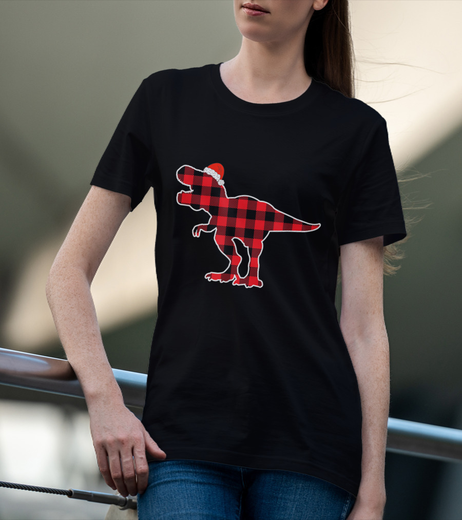 Red Plaid Dinosaur Wearing Santa Hat T-Shirt