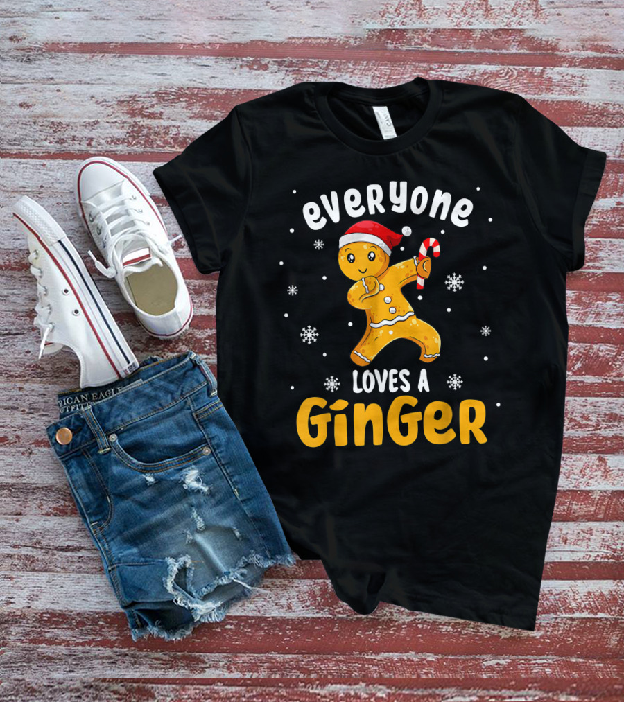 Everyone Loves A Ginger Christmas Gingerbread Man With Santa Hat And Candy Cane T-Shirt