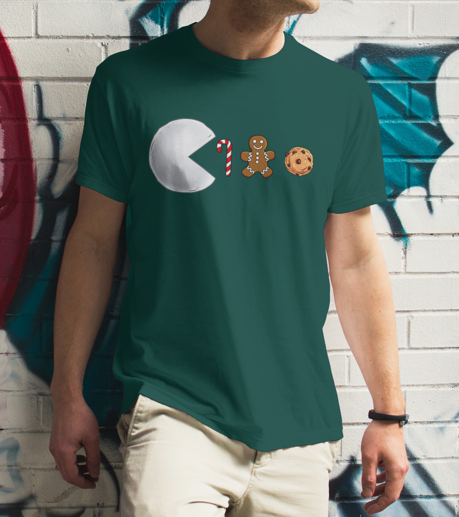 Christmas Snowball Candy Cane Gingerbread Cookie Pac-Man T-Shirt