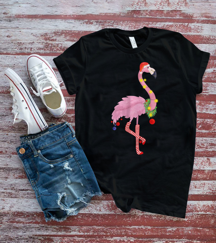 Flamingo Christmas Santa Hat Candy Cane Leggings T-Shirt