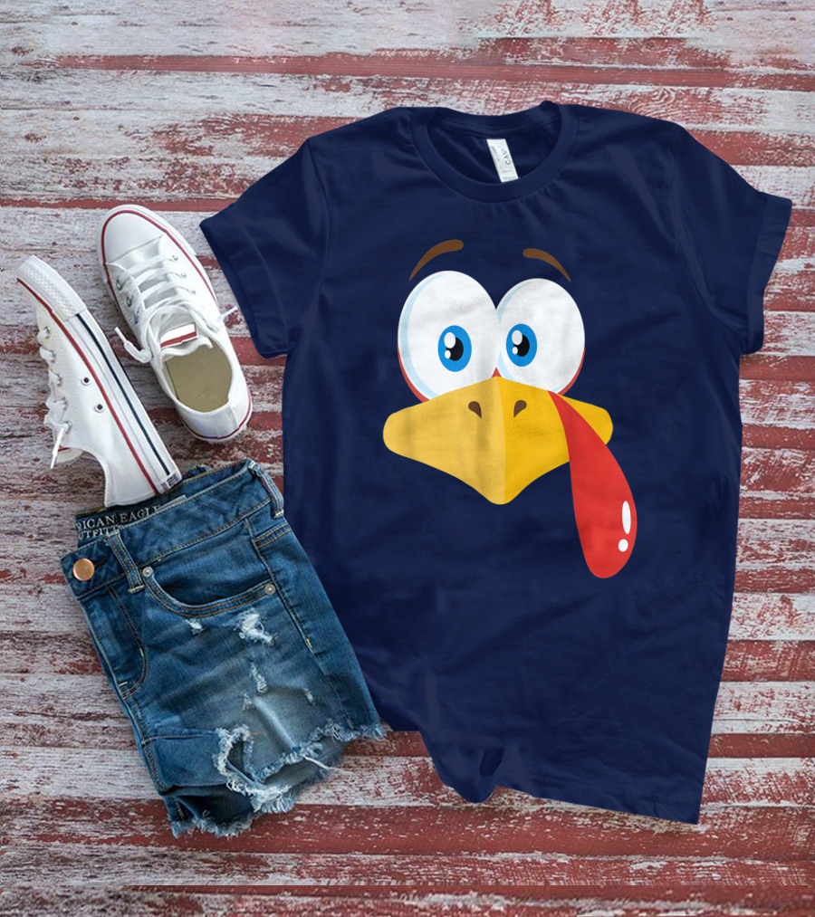 Turkey Face Pilgrim Funny Cartoon Eyes And Beak With Tongue T-Shirt