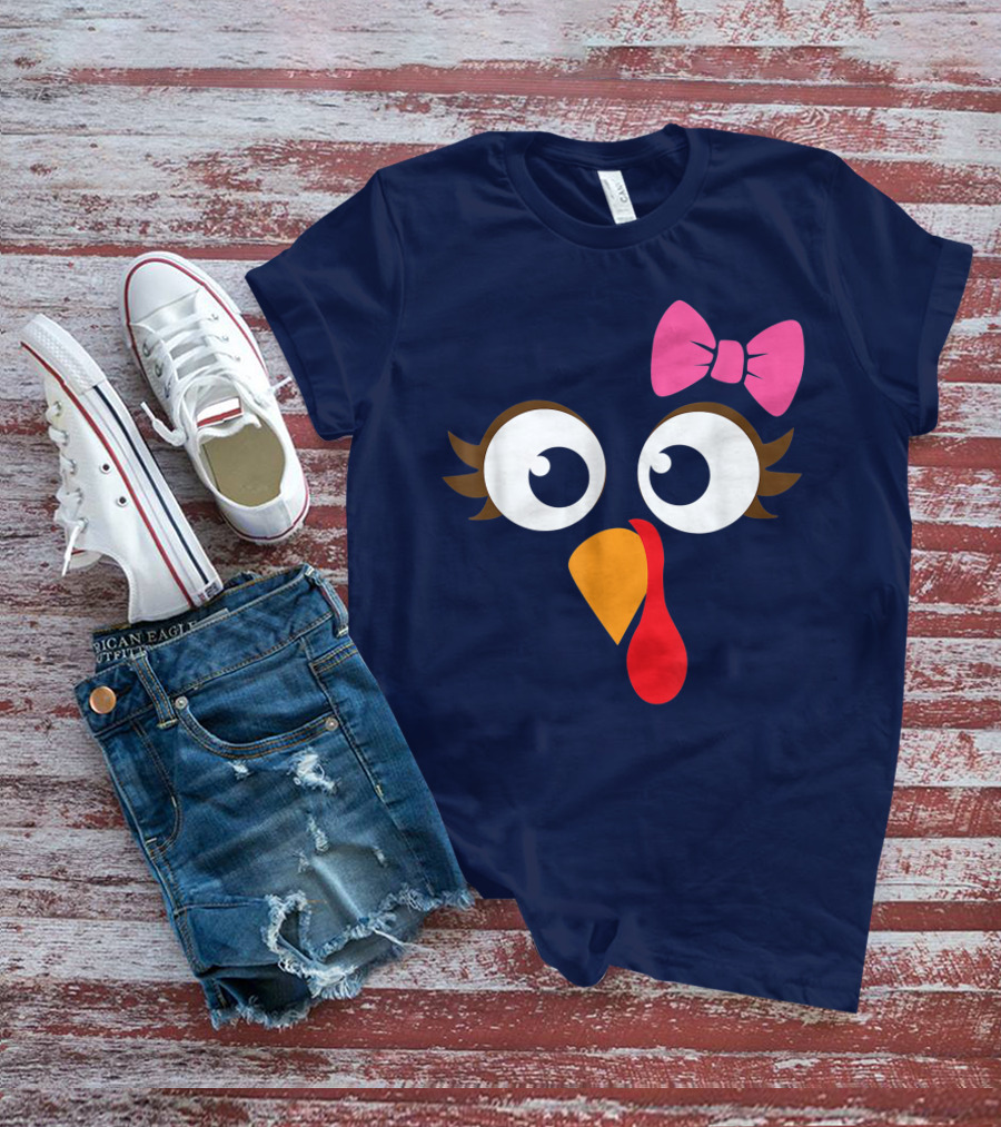 Turkey Face Girl Pink Bow Cute Thanksgiving T-Shirt