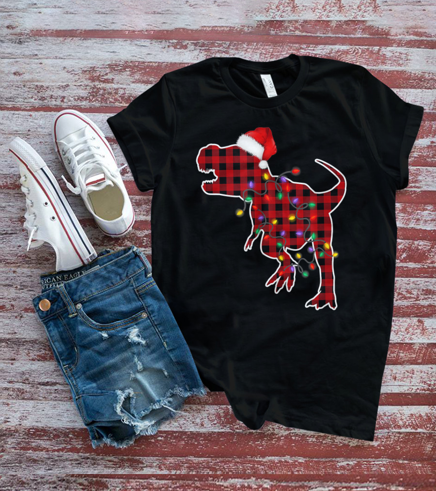 Red Plaid T-Rex Dinosaur With Santa Hat And Christmas Lights T-Shirt