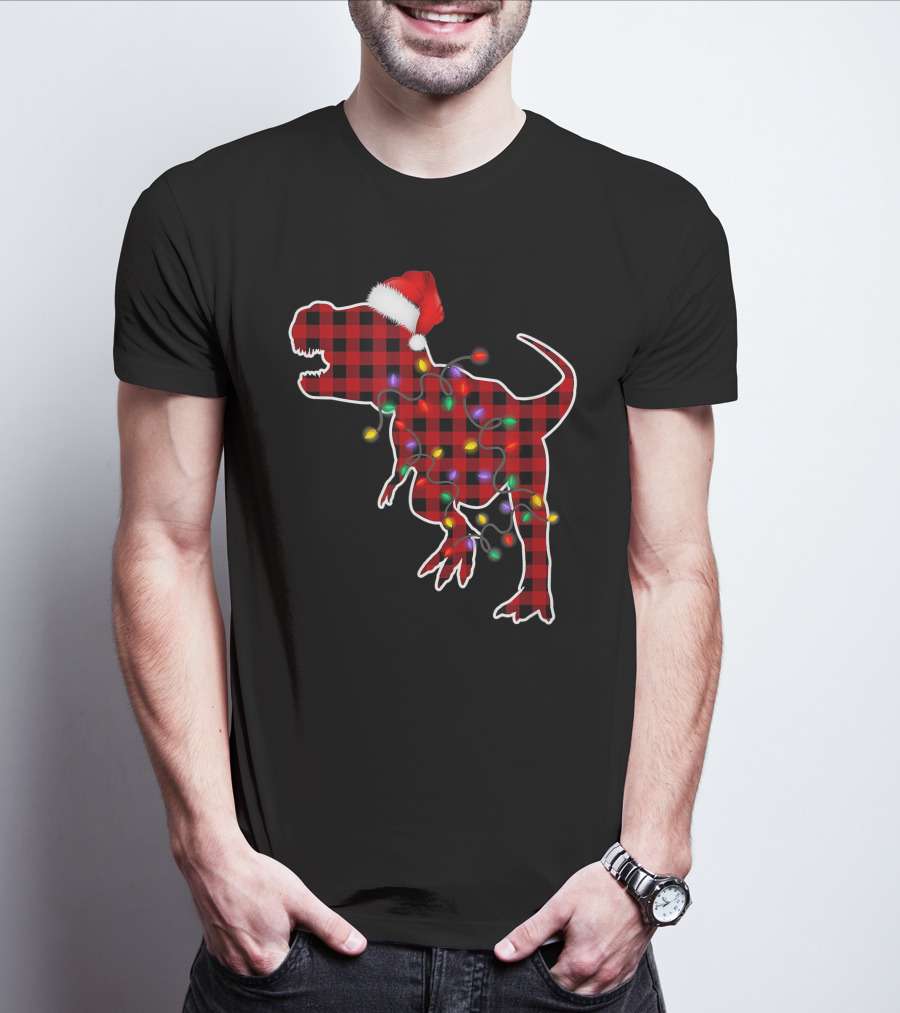 Red Plaid T-Rex Dinosaur With Santa Hat And Christmas Lights T-Shirt