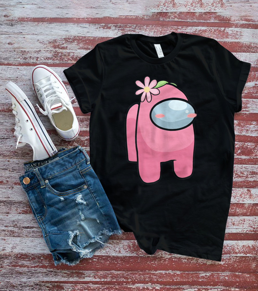 Cute Pink Among Us Sus Character With Flower T-Shirt