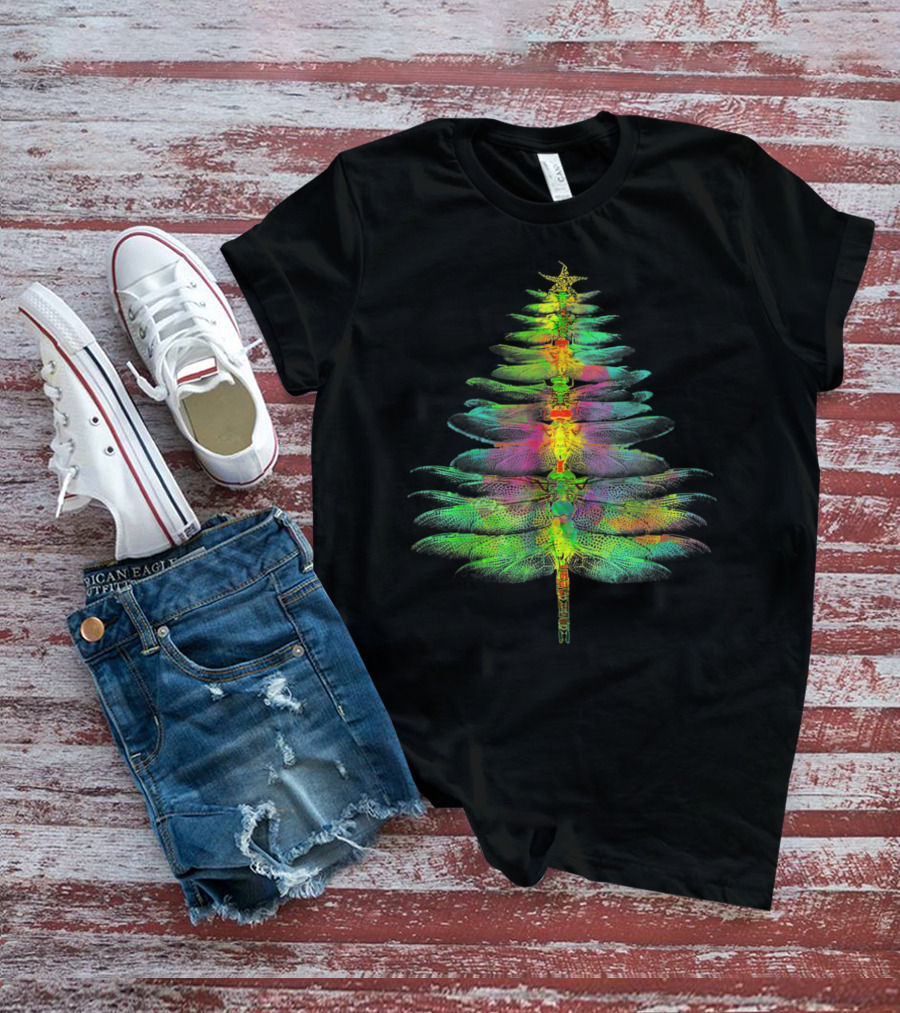 Funny Dragonfly Christmas Tree Multicolored Wings T-Shirt