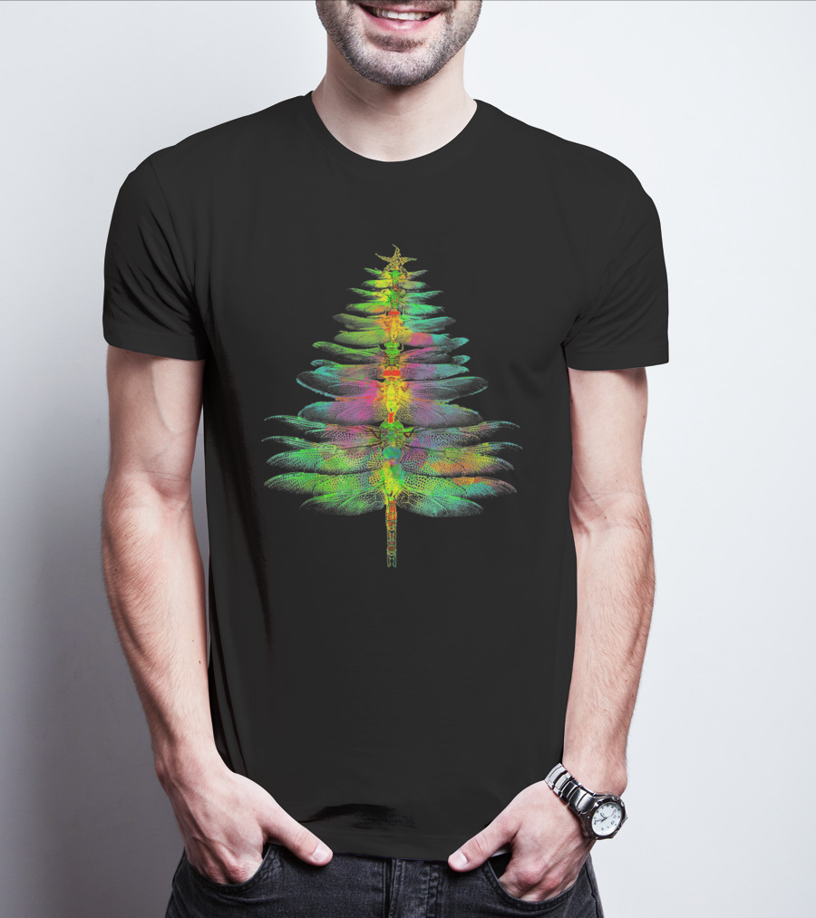 Funny Dragonfly Christmas Tree Multicolored Wings T-Shirt