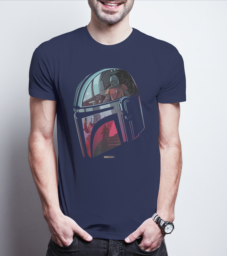 Star Wars The Mandalorian Helmet Spaceship Interior Stairs Scene T-Shirt
