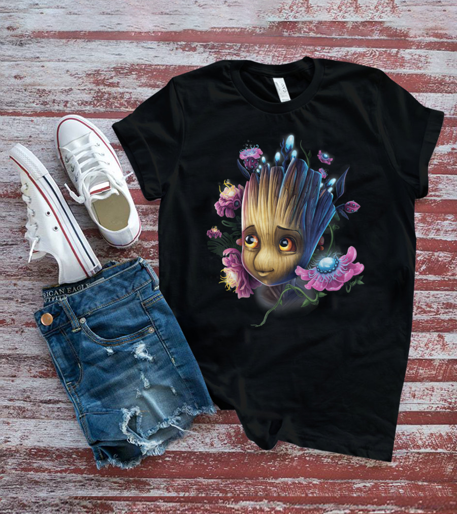 Marvel Guardians Of The Galaxy Groot Surrounded By Vibrant Flowers And Glowing Bugs T-Shirt