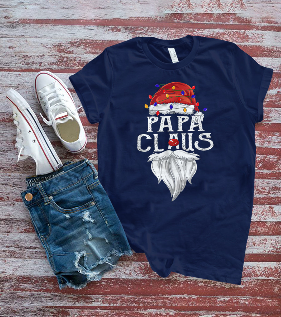 Papa Claus Santa Hat Beard Christmas Lights T-Shirt