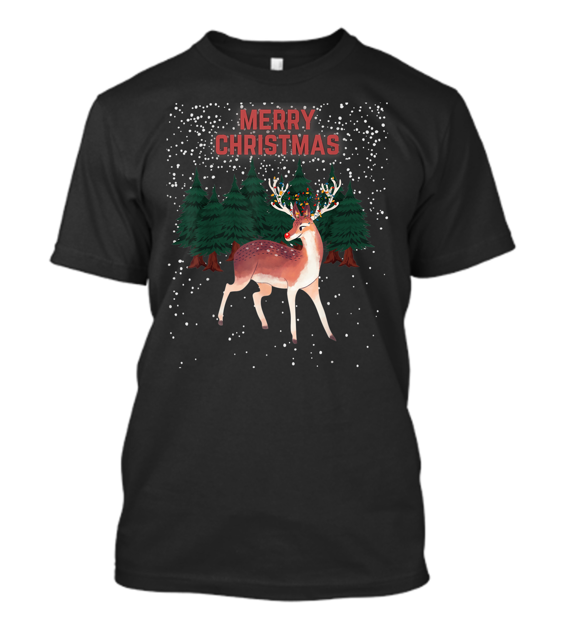 Merry Christmas Reindeer Rudolph Tangled Christmas Lights Snowy Forest T-Shirt