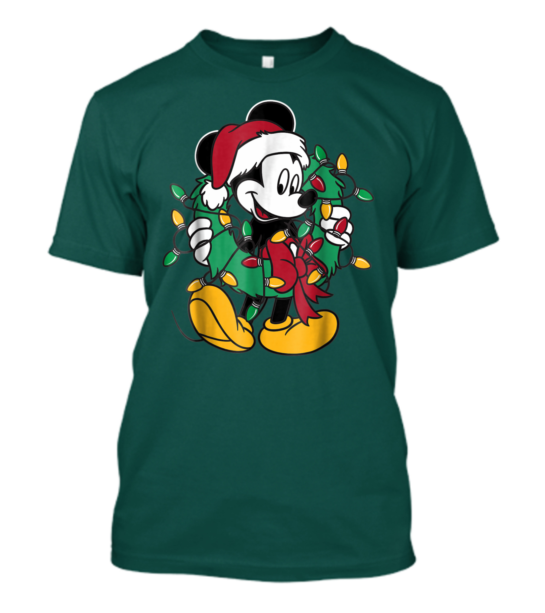 Disney Mickey Mouse Santa Hat Christmas Lights Wreath T-Shirt