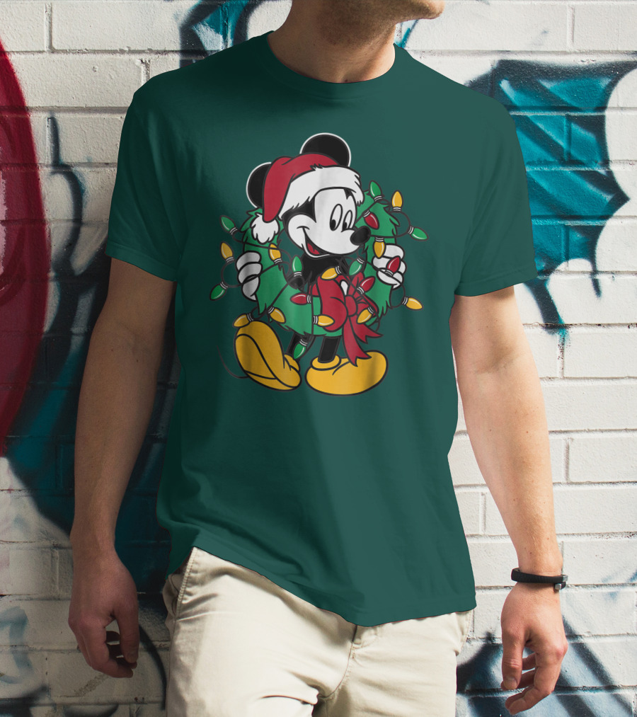 Disney Mickey Mouse Santa Hat Christmas Lights Wreath T-Shirt
