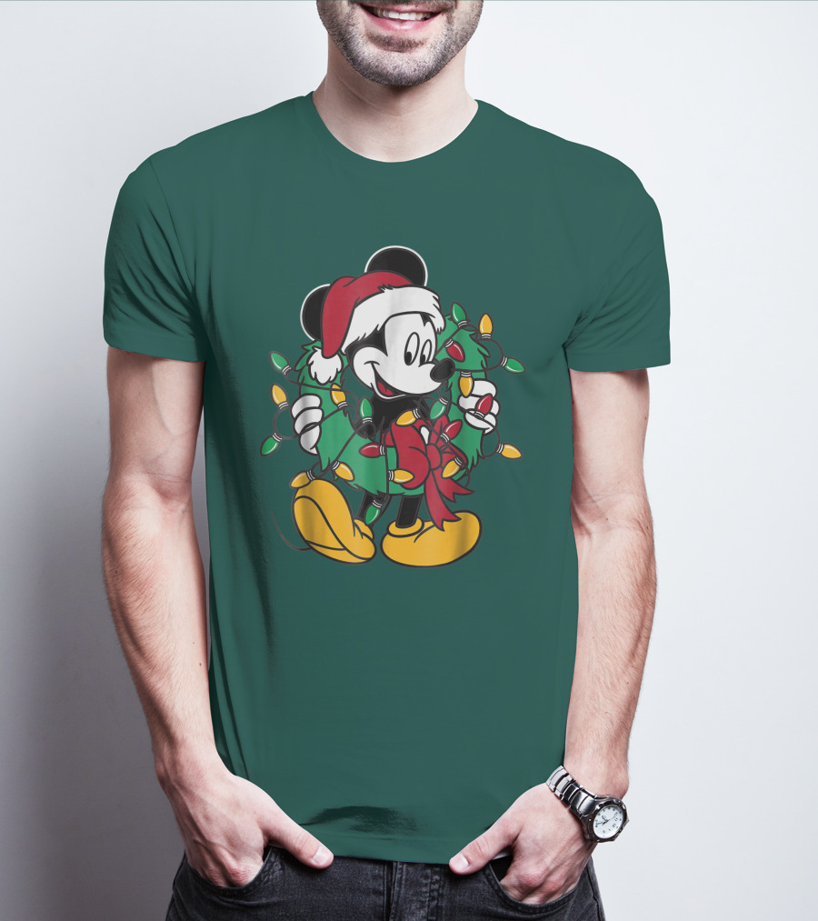 Disney Mickey Mouse Santa Hat Christmas Lights Wreath T-Shirt