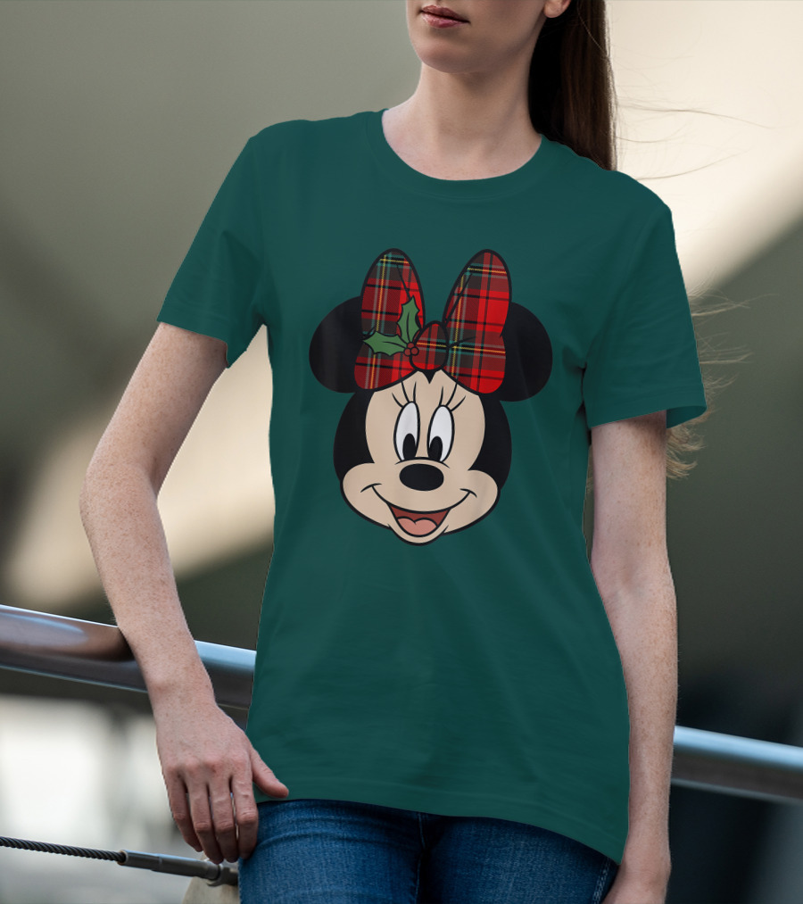 Disney Minnie Mouse Plaid Christmas Bow With Holly T-Shirt