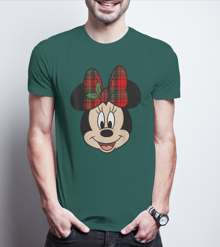 Disney Minnie Mouse Plaid Christmas Bow With Holly T-Shirt