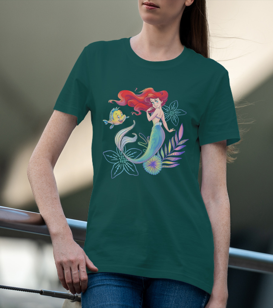 Disney The Little Mermaid Ariel Flounder Floral T-Shirt