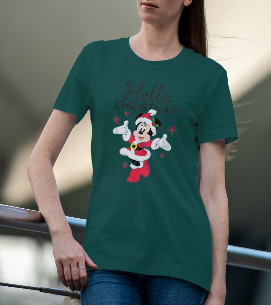 Disney Minnie Mouse Hello Christmas Holiday Santa T-Shirt